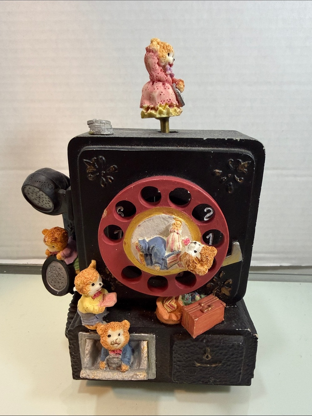 Black and Pink Bear-Themed Toy Rotary Phone Figurine